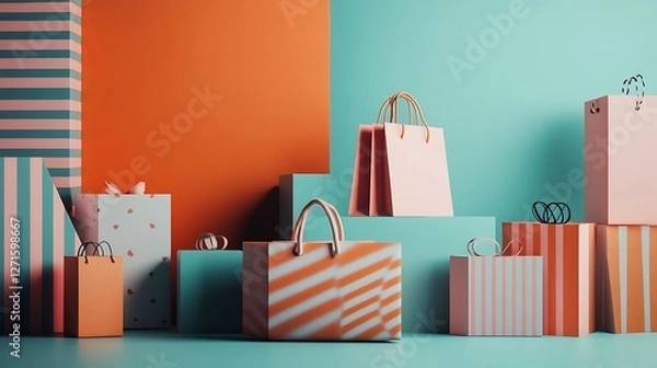 Fototapeta A dynamic composition featuring gentle shadows and a simple background featuring a shopping bag and a variety of product package boxes in three dimensions 