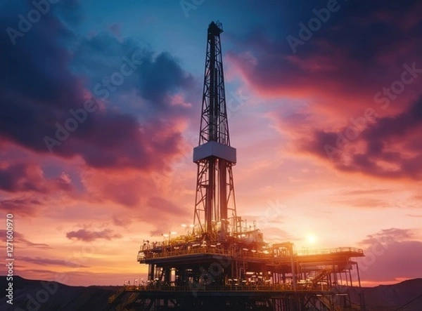 Obraz oil and gas drilling rig at dusk with a beautiful sky