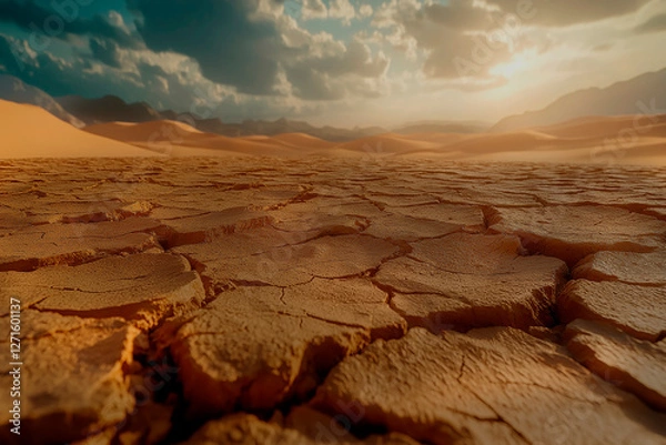 Obraz dramatic sunset over cracked earth. Desert landscape background.