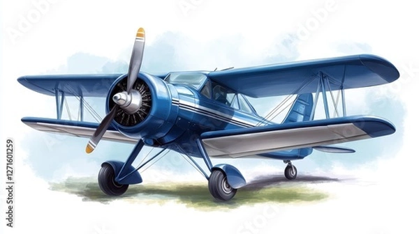 Fototapeta Vintage blue biplane on a grassy field with a soft sky background, showcasing aviation history