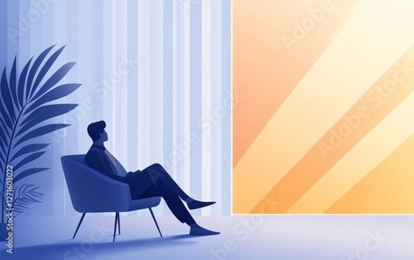 Fototapeta A contemplative man seated in a modern chair, gazing at a vibrant sunset through large windows