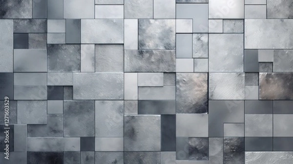 Fototapeta Dynamic arrangement of textured tiles with varying shades of gray and hints of metallic sheen creating an abstract mosaic effect