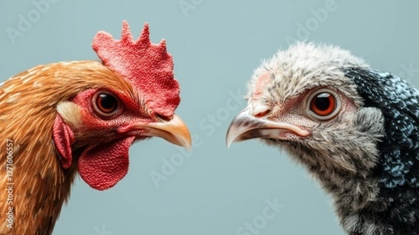 Fototapeta Birds flu effect. Two chickens face each other, showcasing their distinct colors and features.