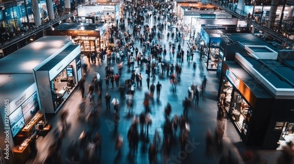 Fototapeta Aerial shot of a bustling international expo with attendees visiting different company booths, engaging in product demonstrations, high-energy corporate event.