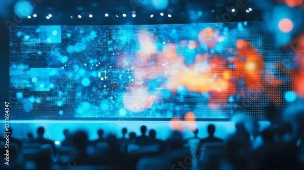 Fototapeta Blurred conference stage with an LED backdrop displaying futuristic technology data, high-tech corporate summit.
