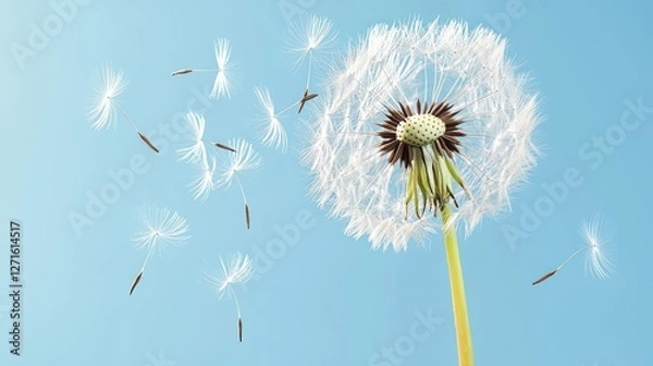 Fototapeta White Dandelion Seeds Blowing in the Wind Against a Light Blue Background