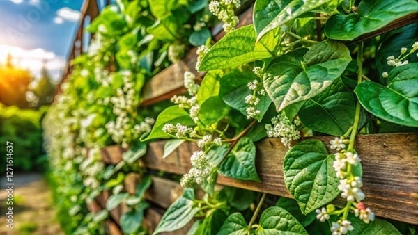 Fototapeta Asymmetrical Malabar Spinach Vine with Delicate White Flowers Climbing a Rustic Fence - Stock Photo
