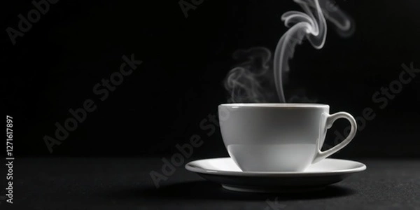 Fototapeta Aromatic Steam Rising From a White Cup of Hot Beverage on a Dark Surface
