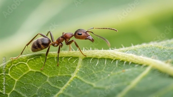 Fototapeta The Ant's Perch: This macro shot captures the intricate detail of a single ant perched on a vibrant green leaf. Explore the hidden world of tiny creatures and the beauty of nature's smallest wonders.