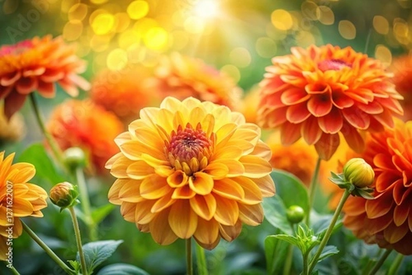 Fototapeta Backyard Bloom: Vibrant Orange and Yellow Flowers with Bokeh