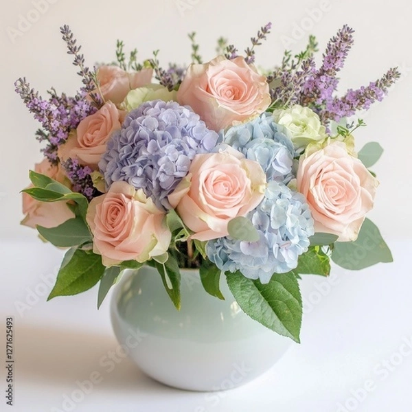 Fototapeta Floral Arrangement Display Elegant Setting Nature Indoor Close-up Soft Pink and Blue Blooms in a Ceramic Vase