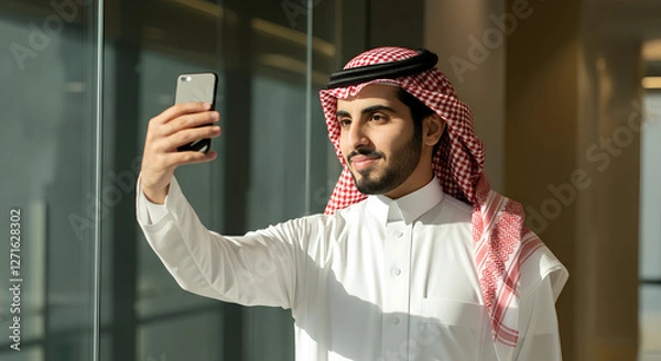 Obraz arab saudi man taking selfie with smart phone