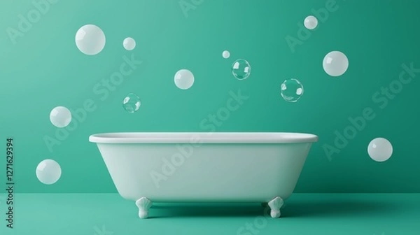 Fototapeta A minimalist bathtub surrounded by floating bubbles against a vibrant green backdrop, creating a serene and refreshing atmosphere.