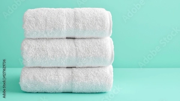 Fototapeta Three neatly stacked white towels on a mint green background, creating a clean and fresh aesthetic.