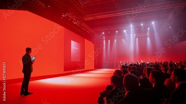 Fototapeta Product launch event at an international trade fair, with executives unveiling a new tech gadget on a grand stage, high-energy corporate reveal.