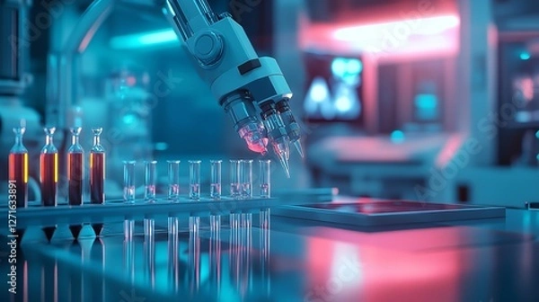 Fototapeta Advanced Biotechnology: A Robotic Arm Working with Biological Samples in a High-Tech Laboratory, Emphasizing Automation, Precision, and Innovation in Life Sciences Research.