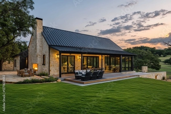 Fototapeta Beautiful countryside house at dusk with a modern design showcasing outdoor seating, expansive windows, and lush greenery in the foreground