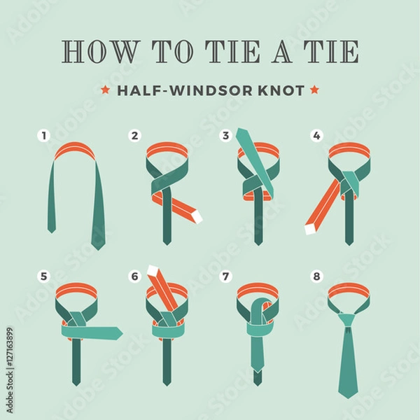 Obraz Instructions on how to tie a tie on the turquoise background of the eight steps. Half-Windsor knot . Vector Illustration.