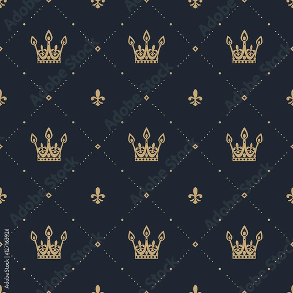 Obraz Seamless pattern in retro style with a gold crown on a blue background. Can be used for wallpaper, pattern fills, web page background,surface textures. Vector Illustration.