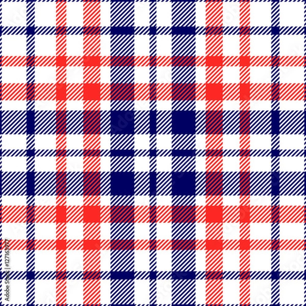 Fototapeta Seamless tartan plaid pattern. Checkered textile design in red & navy blue stripes on white background. 