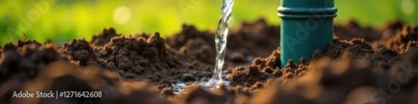 Obraz Pipe inserted into the soil with water coming out, soil, land