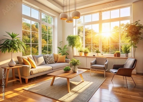 Fototapeta Bright Cozy Minimalist Room with Large Windows & Soft Furnishings - Stock Photo