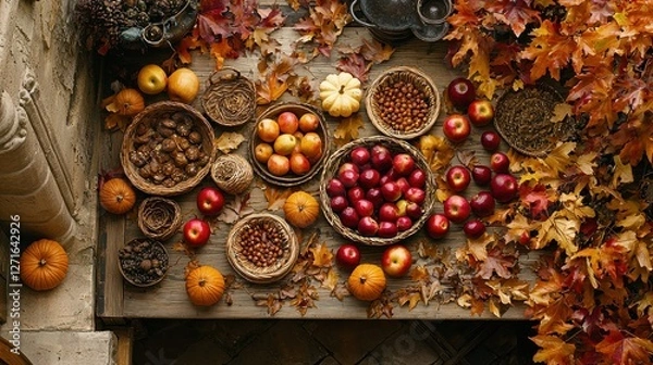 Fototapeta Autumnal Harvest Display on Wooden Tabletop with Fireplace Background