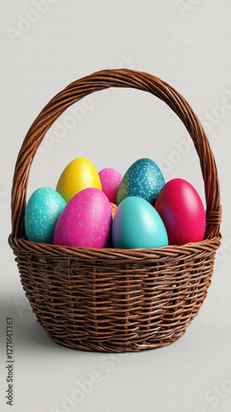 Fototapeta A wicker basket filled with colorful, decorative Easter eggs in various bright hues, perfect for spring celebrations.