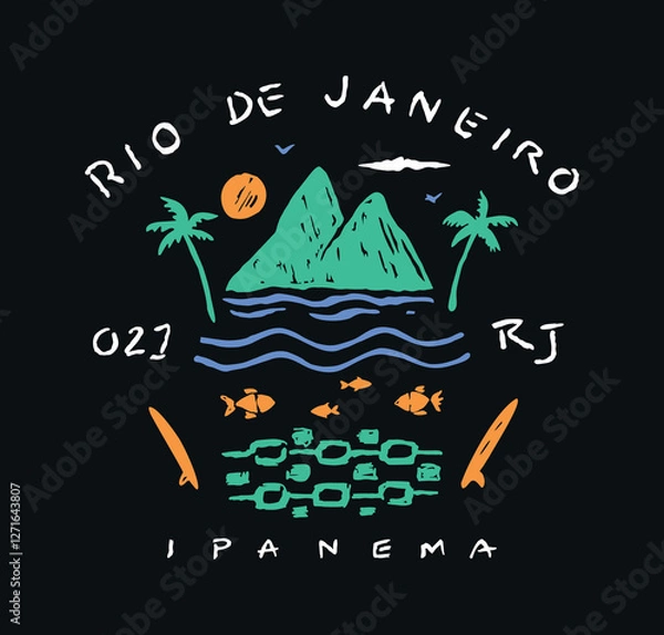 Obraz Art in a stripped-down style of composition with silhouettes alluding to the city of Rio de Janeiro, Brazil. Stylized design for prints on t-shirts, posters, etc.