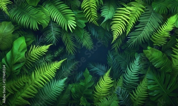 Fototapeta Lush green tropical foliage creating a vibrant natural backdrop with rich textures and depth