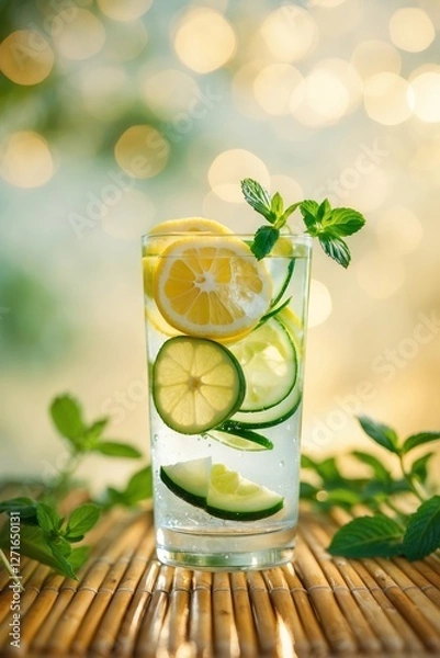 Fototapeta Refreshing citrus beverage garnished with mint in a clear glass on a bamboo mat surrounded by greenery