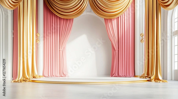 Fototapeta Elegant Luxury Stage with Gold and Pink Drapes – Perfect for Theater, Events, and Royal Interiors, event decoration, luxury interior designs, royal aesthetics, weddings, and classical performance set