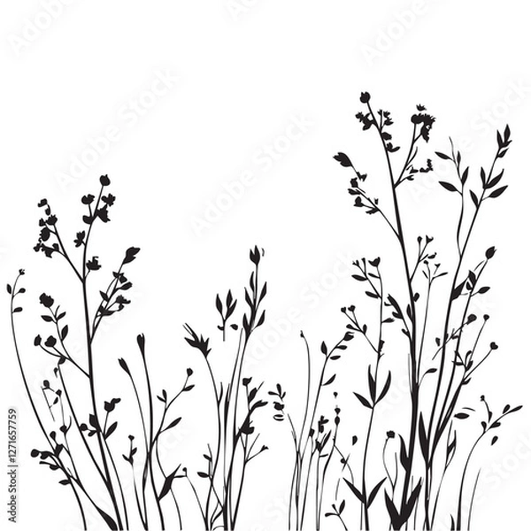 Fototapeta Small leaf plant silhouette pattern wallpaper. Black and white. minimal artwork. simple template. tattoo design. card and package. Vector illustration.