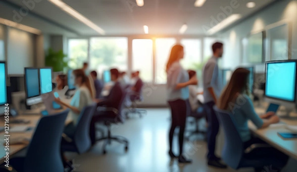 Obraz Modern Business Office with Blurred Employees and Warm Bokeh Lighting in Background