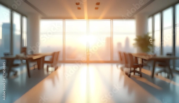 Obraz Bright and Modern Office Interior with Blurred Background, Panoramic Windows, and Natural Light