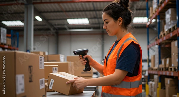 Fototapeta Warehouse worker scanning barcode on box, Woman using barcode scanner in logistics center, Generative AI image
