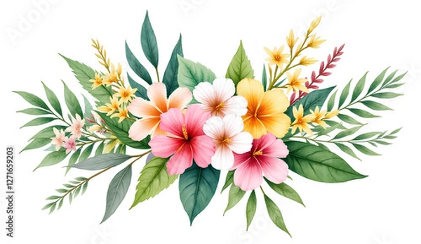 Obraz Watercolor Tropical Spring Floral Bouquet with Green Leaves and Flowers on White Background