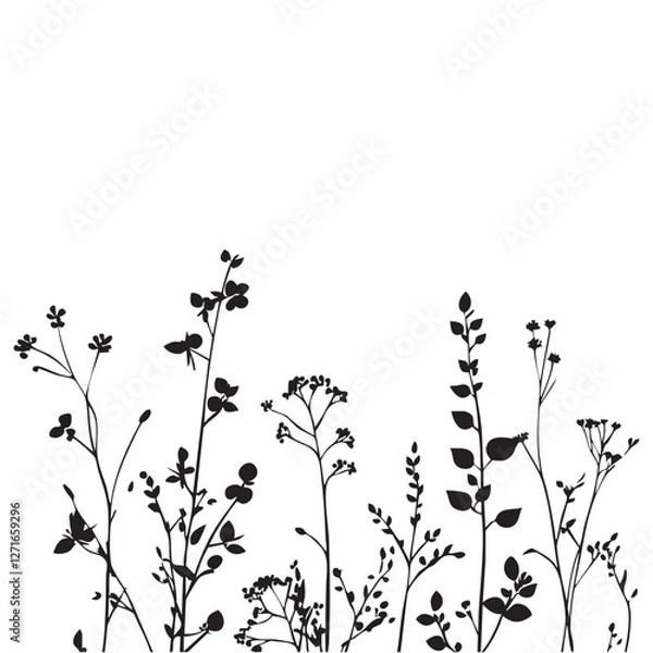 Fototapeta Small leaf plant silhouette pattern wallpaper. Black and white. minimal artwork. simple template. tattoo design. card and package. Vector illustration.