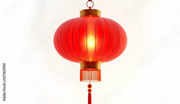 Fototapeta Ultra High-Resolution Image of Glowing Red Chinese Lantern with Golden Loop and Tassels on White Background
