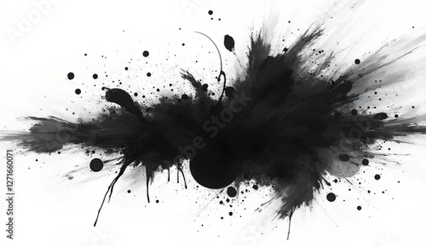 Obraz Ultra High-Resolution Abstract Black Ink Splash with Brush Strokes and Grunge Stain in Japanese Style on White Background