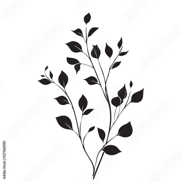 Fototapeta Small leaf plant silhouette pattern wallpaper. Black and white. minimal artwork. simple template. tattoo design. card and package. Vector illustration.