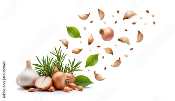 Obraz Ultra High-Resolution Image of Flying Fragrant Spices, Garlic, Onion, Rosemary, and Basil Isolated on White Background