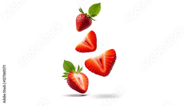 Obraz Ultra High-Resolution Image of Floating Fresh Strawberries and Half Slices with Green Leaves on White Background
