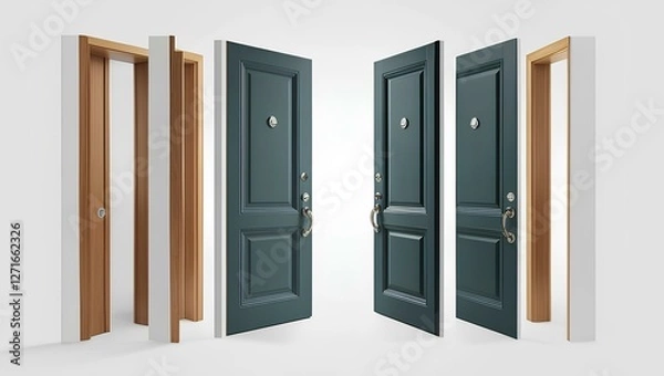 Obraz Ultra High-Resolution Set of Open Entrance Doors with Handles for Home Interior Decoration on White Background