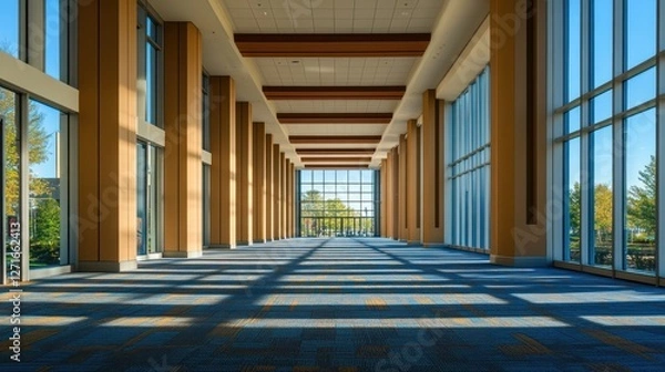 Fototapeta Sunlit spacious modern convention center hallway with large windows and wooden beams.