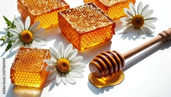 Obraz Ultra High-Resolution Image of Honeycomb with Chamomile Flower and Wooden Honey Dipper Isolated on White Background