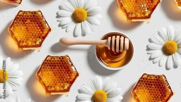 Obraz Ultra High-Resolution Image of Honeycomb with Chamomile Flower and Wooden Honey Dipper Isolated on White Background