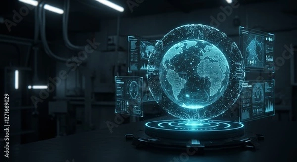 Fototapeta Global Network Future Prediction - Futuristic technology, global network, data visualization, world map, future prediction. Symbolizing progress, innovation, interconnectedness, foresight