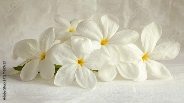 Fototapeta A handful of Thai jasmine flowers placed gently on a white surface, their soft textures highlighted by natural lighting.