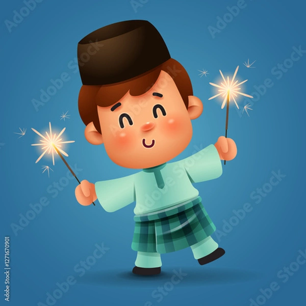 Fototapeta Ramadan Joy: Adorable Ramadan Lantern Boy with Firework